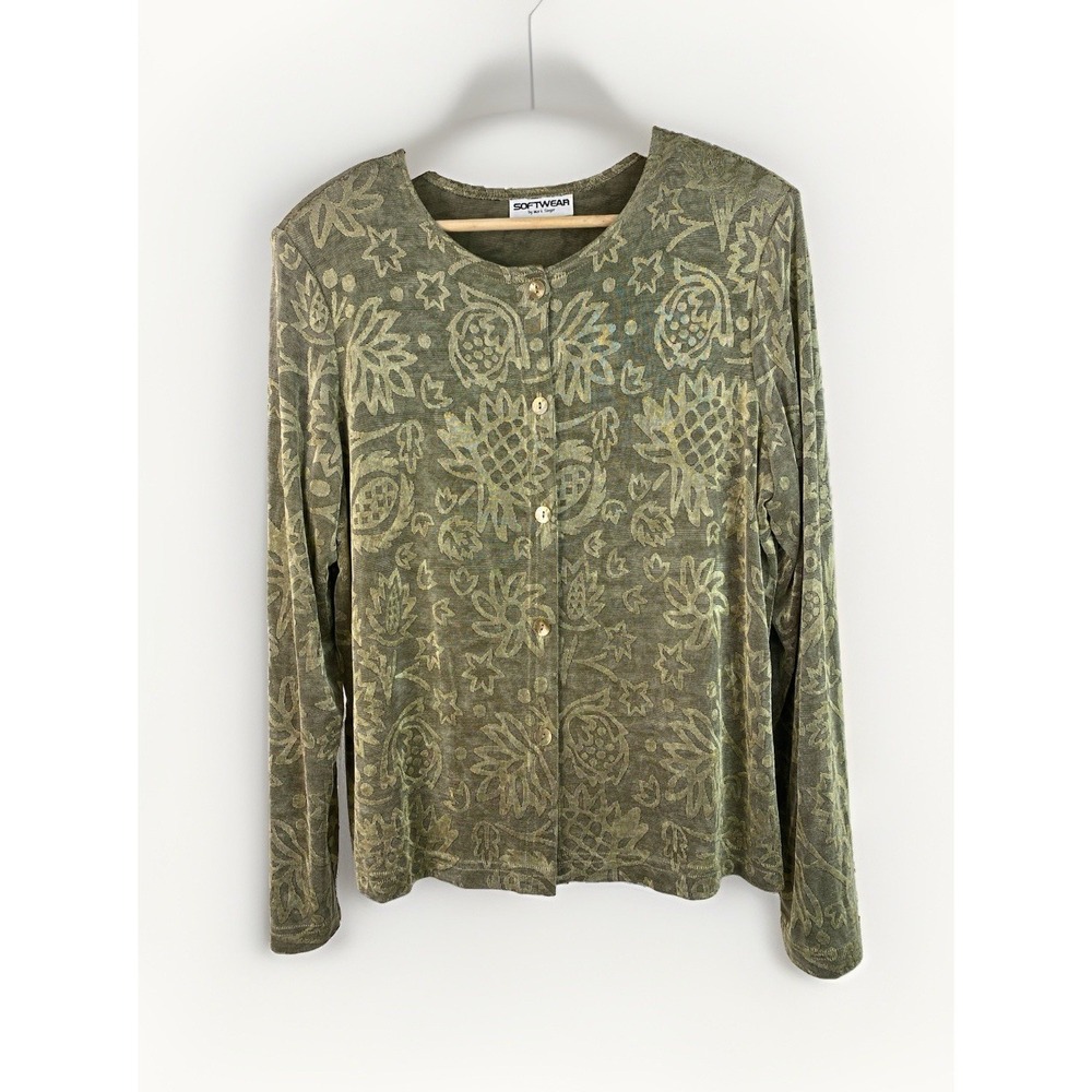 Softwear by Mark Singer Women's L Green Floral Slinky Acetate Button Up Top
